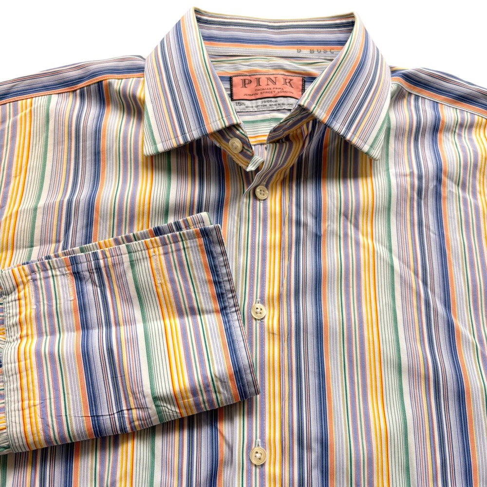 Thomas Pink Dress Shirt Mens‎ 15.5 Multicolor Striped French Cuff Preppy Ireland